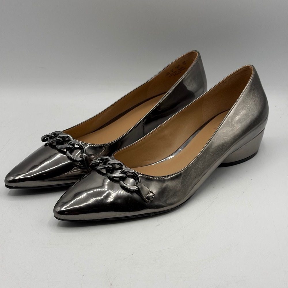 Naturalizer Becca Metallic Pewter Chain Pointed Toe Block Heels Womens 8.5 READ